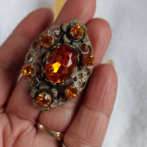 Vintage Amber Colored Filigree Rhinestone Brooch